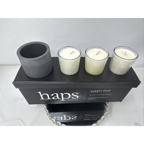 HAPS Mood Care Candle SET Variety Pack 3 Candles 1 Ceramic Votive Vessel - New - Picture 3 of 4
